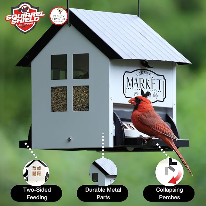 Squirrel Shield Metal Hopper Squirrel Proof Outdoor Wild Bird Seed Feeder, Hanging Bird Feeder, 2 Weight Activated Feeding Ports, Easy to Fill Roof Opening, White