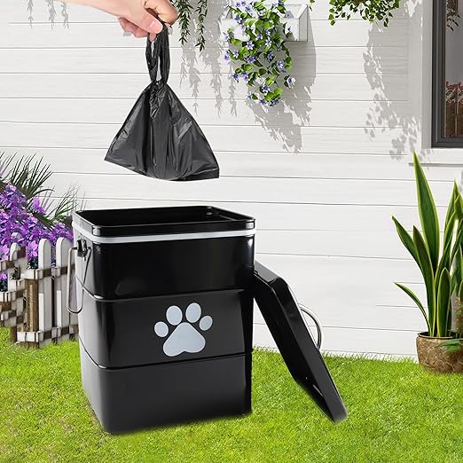Dog Poop Trash Can Outside,1.58 Gallon Waterproof Metal Waste Bin with Lid,Small Portable Outdoor Bucket for Pet Disposal,Garbage Trashcan with 75 Bags,Suitable for Odor Control in Patio and Backyard