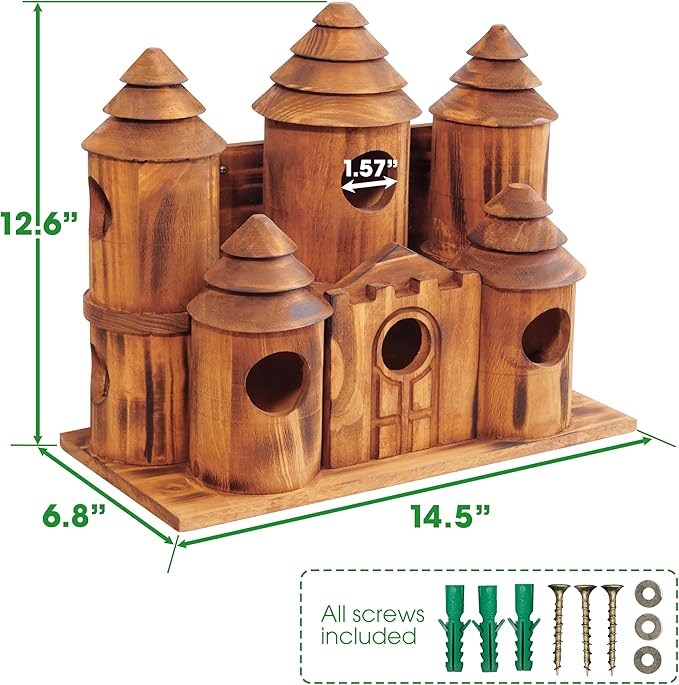 MIXUMON Wooden Bird Houses for Outside – 8 Rooms Castle-Style Bird House, Carbonized Pine Rustic Finish, 1.57" Entrance Holes, Decorative Outdoor Bird Nesting Box (Rustic, 8 Rooms)