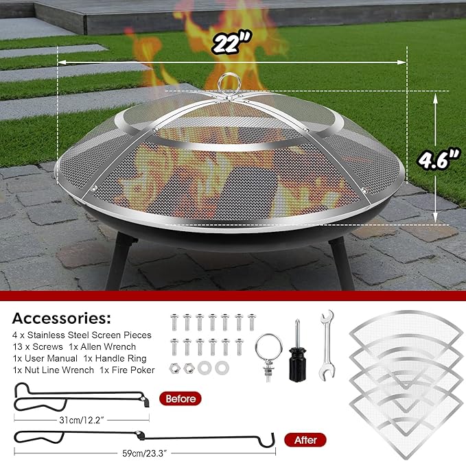 Fire Pit Spark Screen,22 Inch Fire Pit Screen Cover Stainless Steel Outdoor with Handle&Poker,Firepit Screens Cover Round Mesh Lid Heavy-Duty Steel Replacement for Backyard/Beach/RV Camping
