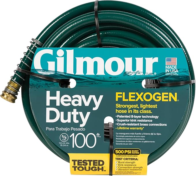 Gilmour 5/8" x 100' Heavy Duty Flexogen Water Hose, Flexible Garden Hose for Vegetable Gardens, Flower Beds, and Lawn Sprinklers, Green