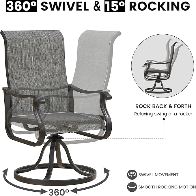 Patio Swivel Chairs Set of 2, Outdoor Dining Chairs with High Back, All-Weather Swivel Rocker Chair for Lawn, Porch or Garden (Dark Grey)
