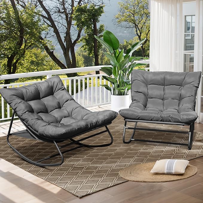 NOBLEMOOD Oversized Rocking Chairs Set of 2, Outdoor & Indoor Papasan Rocking Chair with Thick Cushions, Metal Rocker Chair Set for Living Room, Patio, Porch, Garden, Backyard