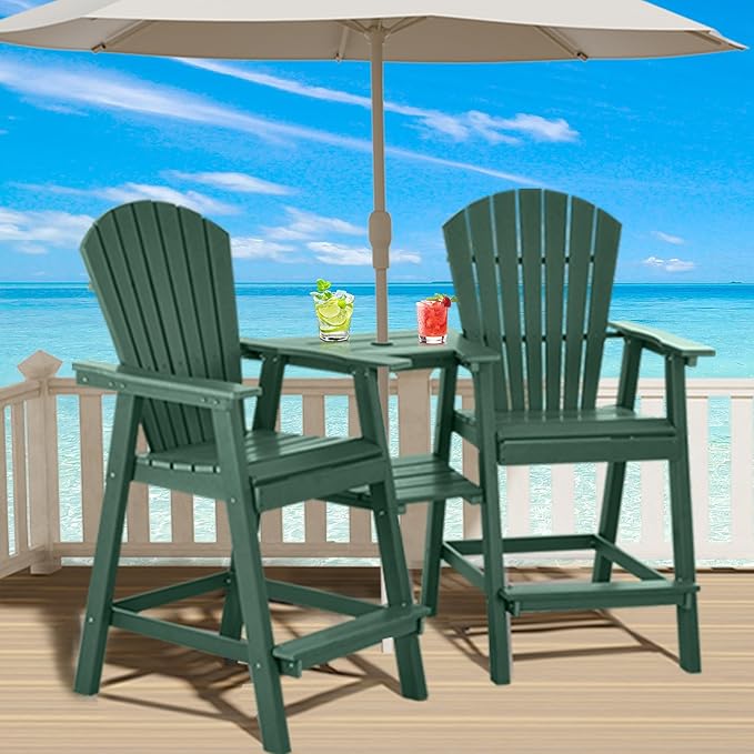 Tall Adirondack Chairs Set of 2, HDPE Balcony Chair with Double Connecting Tray, Weather Resistant Outdoor Adirondack Bar Stools for Patio, Deck, Patio, Backyard, Balcony. (Dark Green)