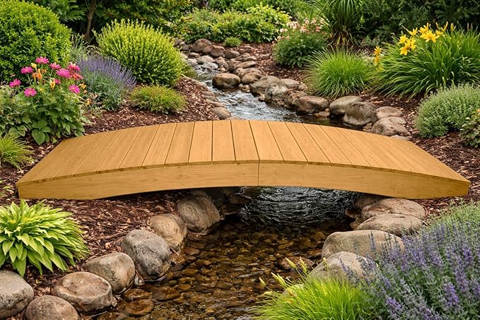 10 FT Oak Amish Made Pinewood Heavy Duty Garden Bridge for Walkway, Backyard Pond & Landscaping, Outdoor Wooden Footbridge for Koi Pond, Japanese Style Decorative Bridge, Made in USA
