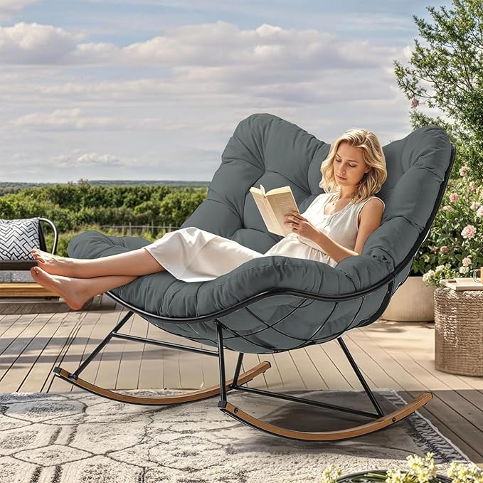 Outdoor Rocking Chair Cushion – Waterproof Wicker Egg Chair Replacement Pad, Thick Papasan Seat Cushion with Ties for Indoor & Outdoor Patio, Porch, Balcony, or Garden (Dark Gray)