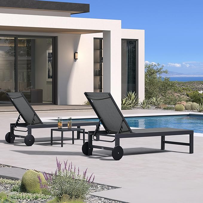 PURPLE LEAF Chaise Lounge Chair with Wheels for Outside 2 Pieces Aluminum Outdoor Chaise Lounge Chairs with 5 Adjustable Position Recliner for Patio Beach Yard Pool Side Table Included Mixed Grey