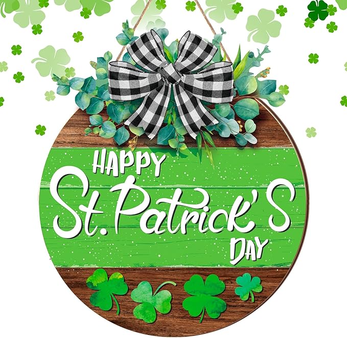 Boao St. Patrick's Day Shamrock Door Wreath Wooden Hanging Decor Farmhouse Rustic Door Decoration St. Patrick's Day Wreath Sign with Bow Ornament for Irish Home Indoor Holiday Outdoor Farmhouse Window
