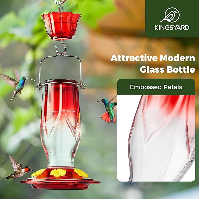 Kingsyard Glass Hummingbird Feeders for Outdoors Hanging, 6 Feeding Ports, 16 Ounces Bird Nectar Feeder, Rustproof Leakproof, Easy to Refill & Clean, Garden Backyard Decor, Ant Moat Included, Red