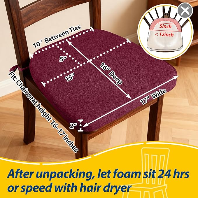 AAAAAcessories D-Shaped Chair Cushions, 2" Thick Dining Chair Pads with Ties and Removable, Machine-Washable Cover, 17" x 16", Wine Red