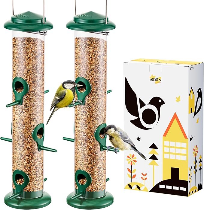 iBorn Metal Bird Feeders 6 Ports Hanging Wild Bird Seed Feeder for Mix Seed Blends, Seed Feeder, Sunflower Heart, Birdbath, Heavy Duty All Metal Green Finishing 15 Inch 6Port, Pack of 2,Gift Box