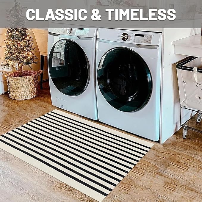 IOHOUZE Black Beige Striped Rug -2'x3' Front Door Rugs Outdoor, Small Washable Area Rug for Front Porch, Spring Summer Welcome Mats Outdoor Indoor, Doormat for Entryway Porch Entrance