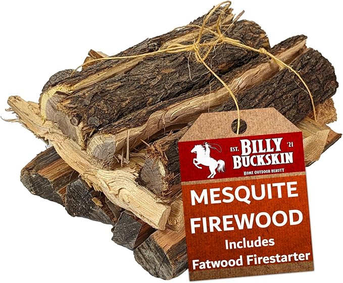 Billy Buckskin 18 LB Mesquite Firewood Bundle – Aromatic & Seasoned Wood Logs with Fatwood Starter Sticks for Fire Pit, Campfire, Fireplace, Wood Stoves and Outdoor Grilling