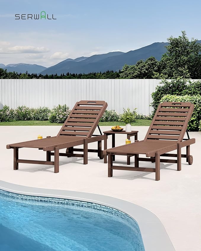 SERWALL Patio Chaise Lounge, HDPE Outdoor Lounge Chair with Cup Holder, 5 Positions Adjustable Poly Lounger with Rolling Wheels for Poolside, Deck, Sunbathing, Brown