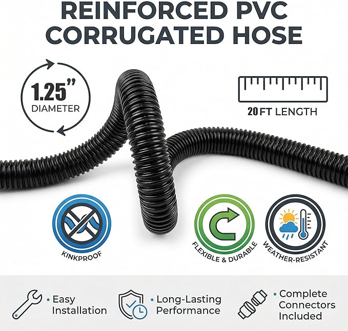 Corrugated Pond Tubing - Flexible, Kinkproof, Reinforced PVC Hose for Water Gardens, Pumps, Waterfalls & Aquaculture (20 Feet Black, 1-1/4 Inch)