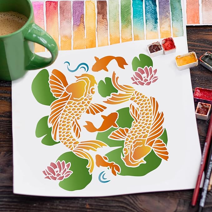 FINGERINSPIRE Koi in Lotus Pond Stencils 11.8x11.8inch Fancy Carps Drawing Painting Stencils Koi Leaping Lotus Leaf Wall Stencils Washable Mylar DIY Art Craft for Painting on Wood, Floor and Tile
