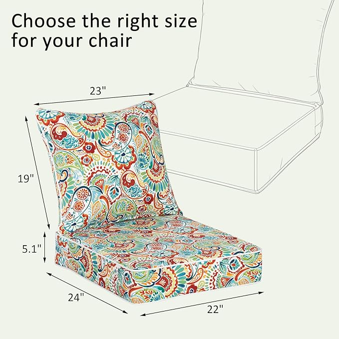COZYVIDA Outdoor Deep Seat Cushion Set of 2, 22"x24" Seat & 23"x19" Back,Water-Resistant Breathable Fabric, UV-Resistant 1000+ Hrs, 30D Foam with Recycled Fiber Fill and YKK Zippers,Boho Paisley