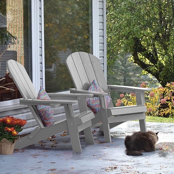 YEFU Adirondack Chair Set of 2, Folding Oversized Plastic Adirondack Chair with Cup Holder, Lawn Chair with Weather Resistant for Outdoor Deck Garden, Weight Capacity Up to 400 Lbs–Grey