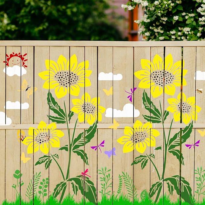 8 Pcs Large Flower Stencils for Painting With Fence,14 X 11 Inch Wall Stencils for Painting Large Pattern, Stencils for Crafts Reusable, Suitable for Outdoor Garden Walls, Furniture, Wall, Canvas, Etc