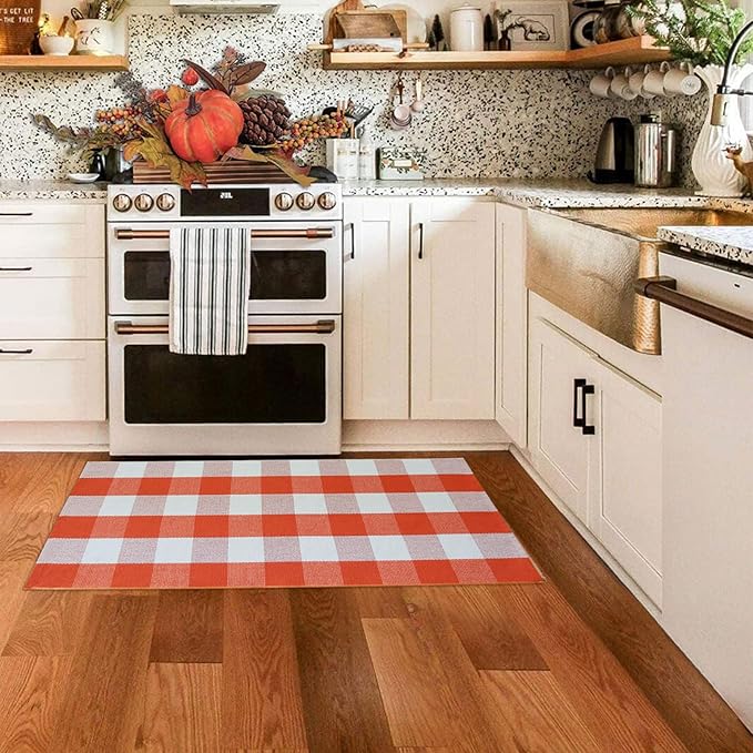 Fall Outdoor Rug Orange Buffalo Plaid Outdoor Rug Cotton Hand-Woven Buffalo Check Rug Layered Doormats for Front Door/Front Porch/Farmhouse/Entryway/Patio