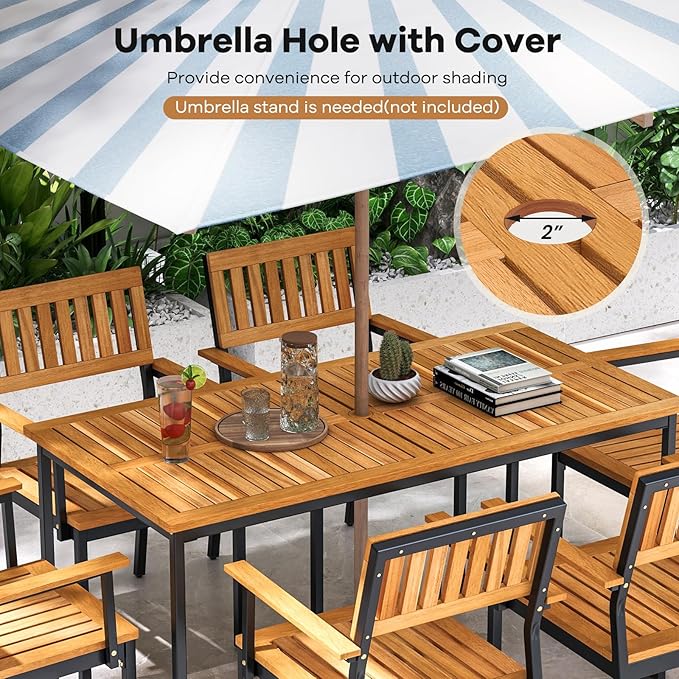 Tangkula 7 Piece Outdoor Dining Set for 6, Acacia Wood Rectangular Dining Table & 6 Armchairs w/Metal Frame, Umbrella Hole, Farmhouse Dining Furniture Set for Garden Porch Poolside Yard