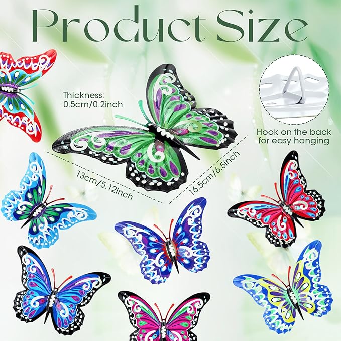 Jetec 8 Pcs Metal Butterfly Wall Decor 6.5 Inch Outdoor Butterflies Wall Art Sculpture 3D Butterfly Hanging Decoration for Spring Outside Fence Garden Yard Home Patio Balcony(Novel Style)