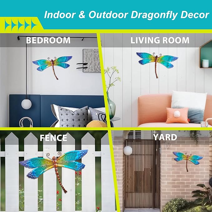 Handmade Metal Dragonfly Wall Decor - Outdoor Garden Fence Art - 15" Rustic Scenic Wall Art for Patio, Bedroom, Bathroom Vivid Hanging Decoration is an ideal Gift for a Father, Mother, and Grandmother