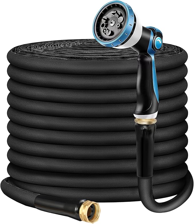 Non-Expandable Garden Hose 100feet, Flexible Water Hose with 10 Function Hose Nozzle, Lightweight, Tangle Free, Rust Proof for Yard (Black)