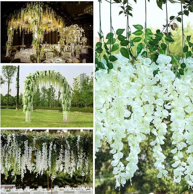 Artificial Wisteria Hanging Flowers Fake Wisteria Flower Garland Silk Vines Rattan Decor for Home Wedding Arch Wall Garden Greenery Bedroom Outdoor Office Party Decoration (12, White)