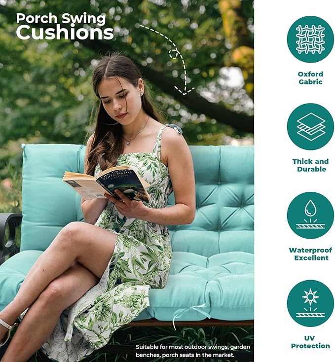 Porch Swing Cushions, Patio Swing Cushions Waterproof for Outdoor Furniture Thickened Outdoor Swing Bench Cushions 2-3 Seater Replacement with Ties for Outdoor Patio Swing (Teal, 60x40 in)