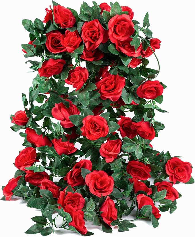 4 Pack (32FT) Artificial Rose Vine Fake Flowers Garland Hanging Silk Rose Ivy Plants Vine for Mother's Day Wedding Arch Party Wall Indoor and Outdoor Aesthetic Art Décor (Red)