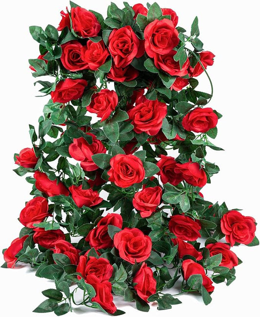 4 Pack (32FT) Artificial Rose Vine Fake Flowers Garland Hanging Silk Rose Ivy Plants Vine for Mother's Day Wedding Arch Party Wall Indoor and Outdoor Aesthetic Art Décor (Red)