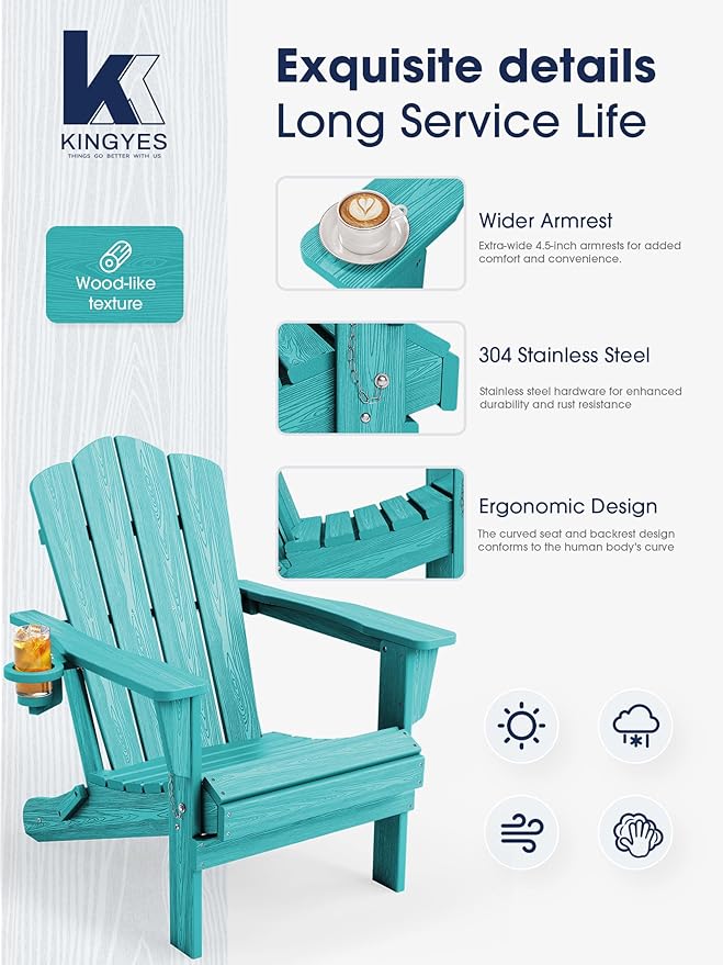 KINGYES Folding Adirondack Chair Set of 4, HDPE All-Weather Patio Chairs with Cup Holder, Wooden Textured Fire Pit Chairs for Poolside, Backyard, Deck, Aruba