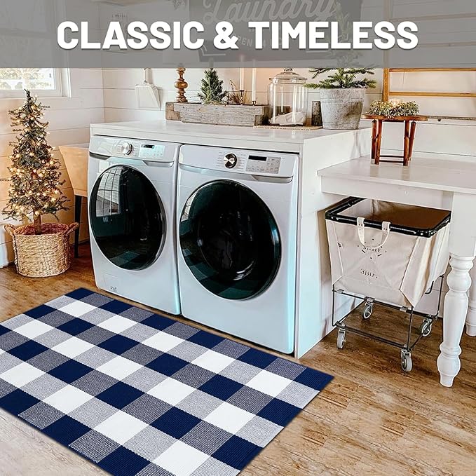 IOHOUZE Buffalo Plaid Checkered Rug 27.5" X 43" Front Door Mats, Washable Area Rugs for Front Porch Decor, Spring Summer Welcome Mats Outdoor, Navy White Rug for Farmhouse/Entryway/Home Entrance