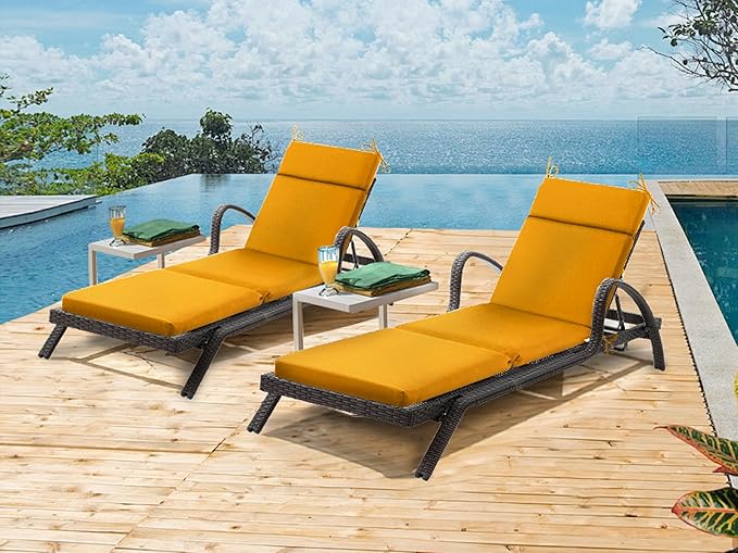 Outdoor Chasie Lounge Tufted Thick Cushion with Ties,Replacement Wicker Chair Cushion for Paito Fruniture,72x21x3inches,All Weather,Mustard Yellow