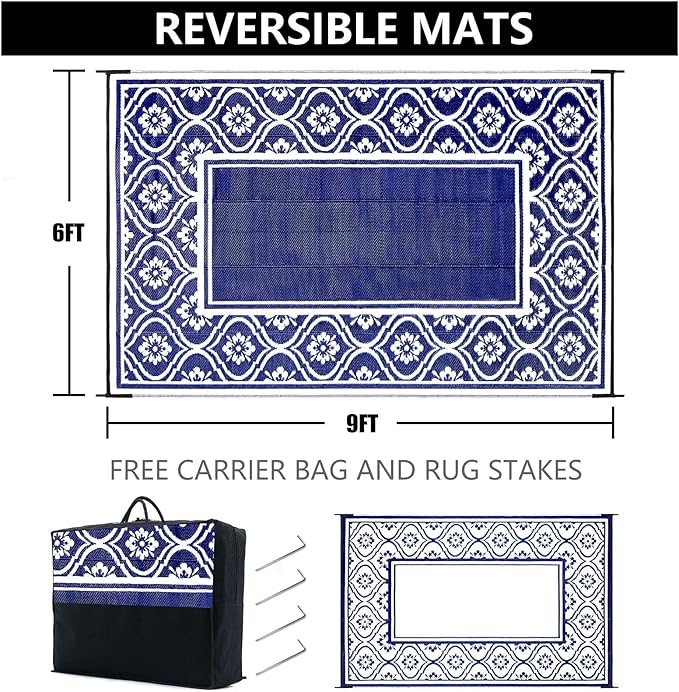 HUGEAR Plastic Outdoor Rug 6'x9' Waterproof Camping Carpet Outside Area Rug Reversible Light Blue Rugs for RV Deck Entryance Porch Picnic Balcony Beach