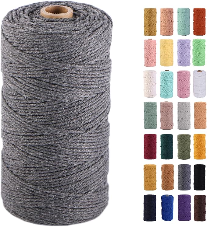 MAOQIAN Grey Macrame Cord 2mm x 220Yards,Colored Cotton Rope Colorful Cotton Cord Soft Craft Cord Twine for Wall Hanging Plant Hangers Crafts Decorative Projects