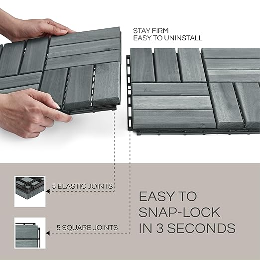 10 Pcs Deck Tiles, Patio Flooring - Outdoor Waterproof Acacia Wood Tiles for All Weather Use - Balcony, Backyard, Indoor & Outdoor (Grey Crossed Pattern, 10 Square Ft)