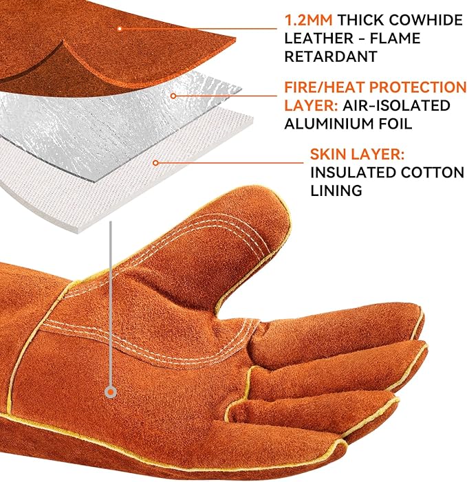 OZERO Welding Gloves for Men, 14-Inch Cowhide Leather Heat Resistant Work Gloves, EN388 EN407 EN12477 Type A Certified, Reinforced Palm, Insulated Lining, Long Cuff for BBQ Grill Oven, Brown