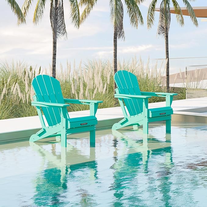 MUCHENGHY Folding Adirondack Chairs 2 Pack, Patio Chairs, Outdoor Chairs, Adirondack Chair Plastic, Fire Pit Chairs, Weather Resistant with Cup Holder for Deck, Backyard, Garden(Lake Blue)
