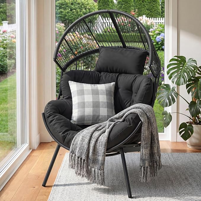 ONBRILL Egg Chair for Outdoor & Indoor, Patio Wicker Chair with Thick Cushion, Oversized Rattan Chairs for Balcony, Porch & Backyard, 550 LBS Heavy Duty & Comfy Basket Chairs for Living Room, Bedroom