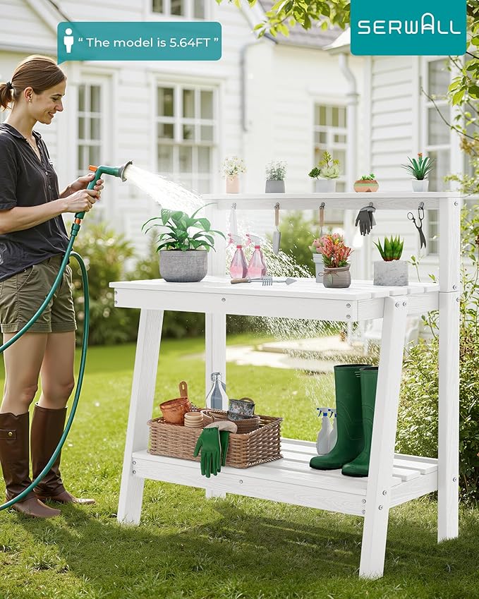 SERWALL Potting Bench Outdoor with Storage Set of 2, 3-Tier HDPE Gardening Table with Angled Legs & Tool Hooks, All-Weather Heavy Duty Potting Table for Patio, Backyard, Garden, White