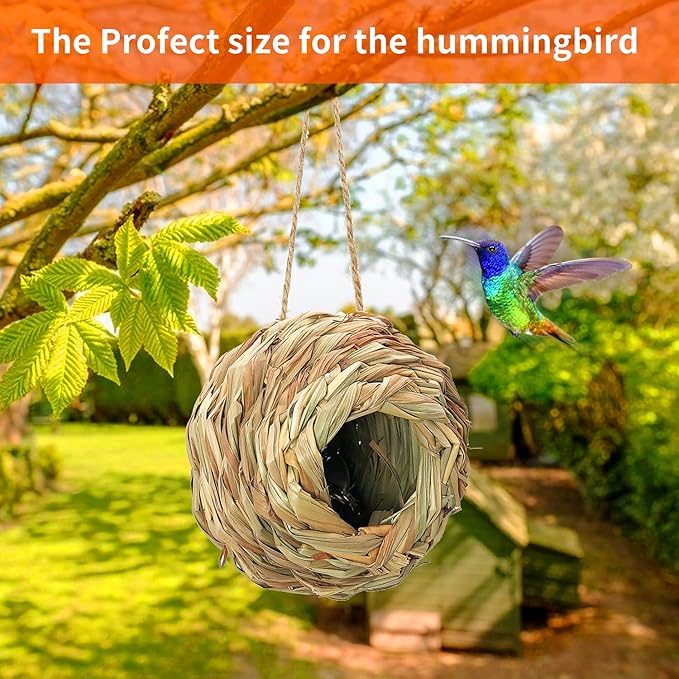 Humming Bird Houses for Outside Hanging, Natural Grass Hanging Bird Hut, Hand Woven Hummingbird Nest, Large Wren Finch Bird House for Garden Window Outdoor Home Decoration, 3 Pack