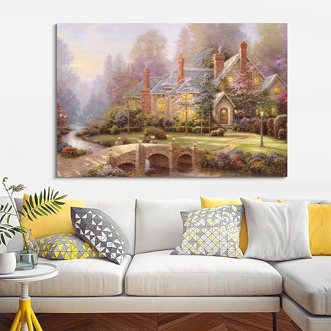 STUDIO HAVEN Thomas Kinkade Canvas Wall Art, Riverfront Manor Stone Bridge Grand Cottage Lush Garden and Misty Stream Oil Painting Poster Rustic Wall Decor, Framed Prints for Home Decor, 40x28Inch