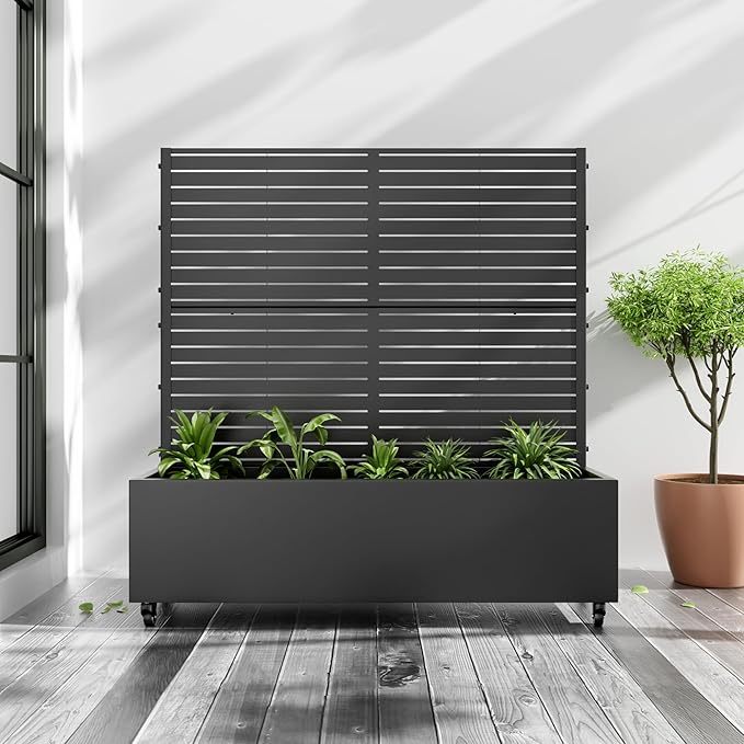 Casaphoria Metal Raised Garden Bed with Trellis and Wheels, 47"x47"x16" Planter Box for Climbing Plants, Vegetables & Vines, Features Drainage Holes and Privacy Screen (Black-Louvered)