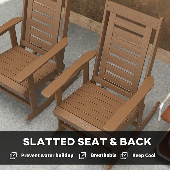 Outsunny Outdoor Rocking Chairs Set of 2, HDPE Patio Rocking Chairs with 28" High Back and Wide Armrests, All-Weather Slatted Porch Rockers for Garden, Balcony, Fire Pit, Brown