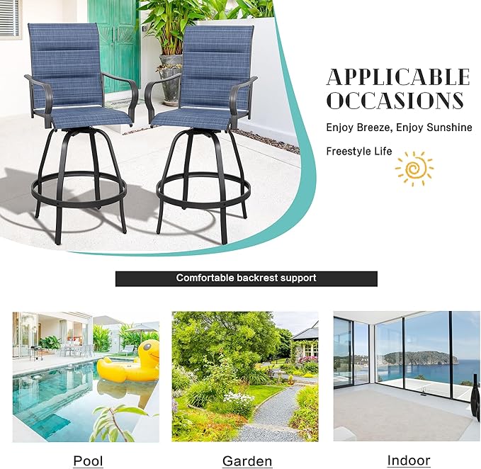 Vongrasig 4 Piece Outdoor Patio Swivel Bar Chairs, All Weather Padded Sling Textile High Top Bar Stools, Bistro Set for Backyard, Lawn Garden, Balcony, Padded Blue