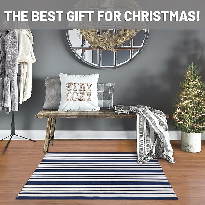 IOHOUZE Navy and White Striped Rug 2'x3' Front Door Rugs, Small Washable Area Rug for Front Porch, Spring Summer Doormats Outdoor Indoor, Cotton Rugs for Entryway Porch Entrance