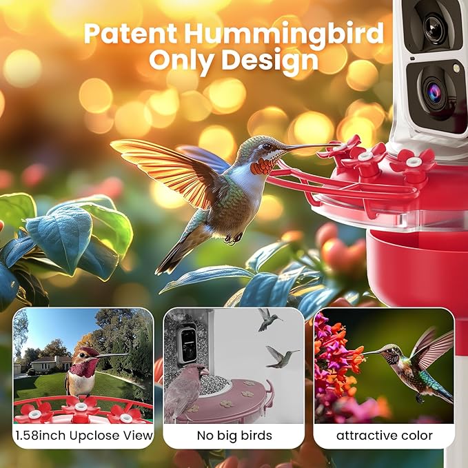 Soliom Hummingbird Feeder with Camera, Smart Feeder Camera Solar Powered with 2K Live View AI Identify, Leak Proof & Ant Moat & Bee Proof, Outdoor Pole/Hook Hanging, 16 OZ Ideal Gifts for Family-Red