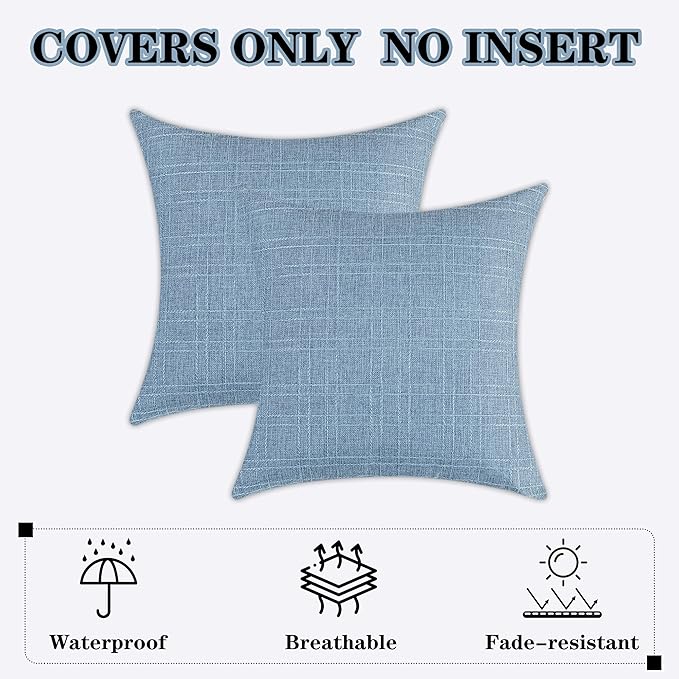 Kevin Textile Pack of 2 Decorative Outdoor Waterproof Pillow Covers Checkered Garden Cushion Sham Throw Pillowcase Shell for Patio Tent Couch 16x16 Inch Light Blue